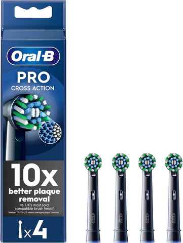 Oral-B Pro Cross Action Electric Toothbrush Head, X-Shape and Angled Bristles for Deeper Plaque Removal, Pack of 4 Toothbrush Heads, Black