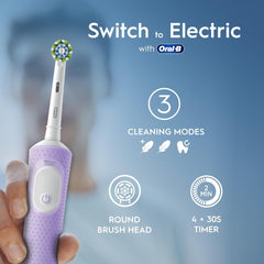 Oral-B Vitality Pro Electric Toothbrushes Adults, 1 Handle, 2 Oral B Electric Toothbrush Heads, 3 Brushing Modes Including Sensitive Plus, Rechargeable, 2 Pin UK Plug, Purple