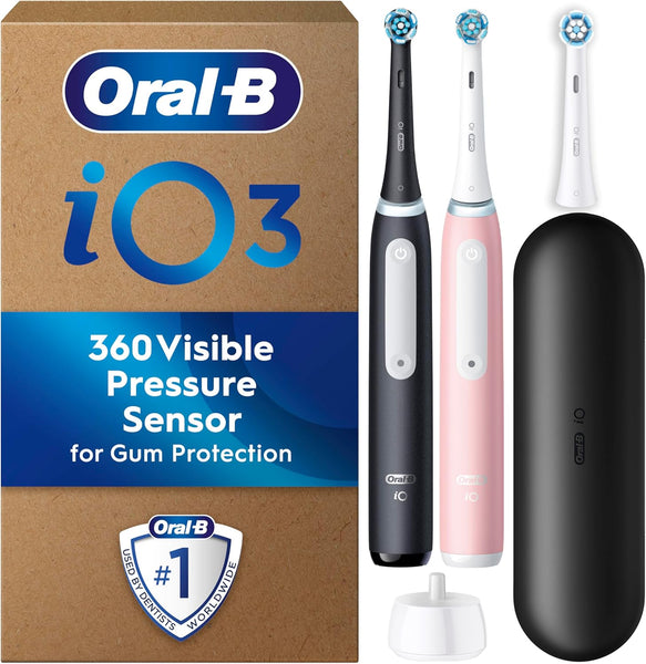 Oral-B iO3 Electric Toothbrush Dual Pack, Pink & Black, 3 Toothbrush Heads, 1 Travel Case, Designed by Braun