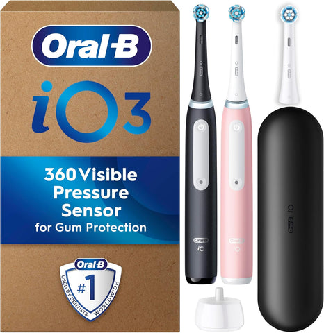 Oral-B iO3 Electric Toothbrush Dual Pack, Pink & Black, 3 Toothbrush Heads, 1 Travel Case, Designed by Braun