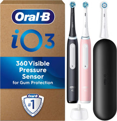 Oral-B iO3 Electric Toothbrush Dual Pack, Pink & Black, 3 Toothbrush Heads, 1 Travel Case, Designed by Braun
