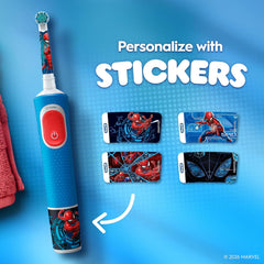Oral-B Pro Kids Electric Toothbrush, 1 Toothbrush Head, x4 Spiderman Stickers, 1 Travel Case, 2 Modes with Kid-Friendly Sensitive Mode, For Ages 3+, 2 Pin UK Plug, Blue