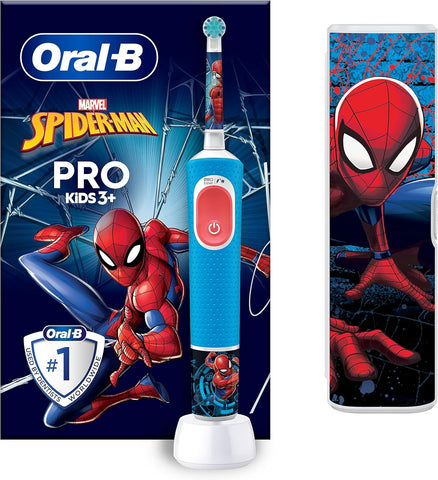 Oral-B Pro Kids Electric Toothbrush, 1 Toothbrush Head, x4 Spiderman Stickers, 1 Travel Case, 2 Modes with Kid-Friendly Sensitive Mode, For Ages 3+, 2 Pin UK Plug, Blue